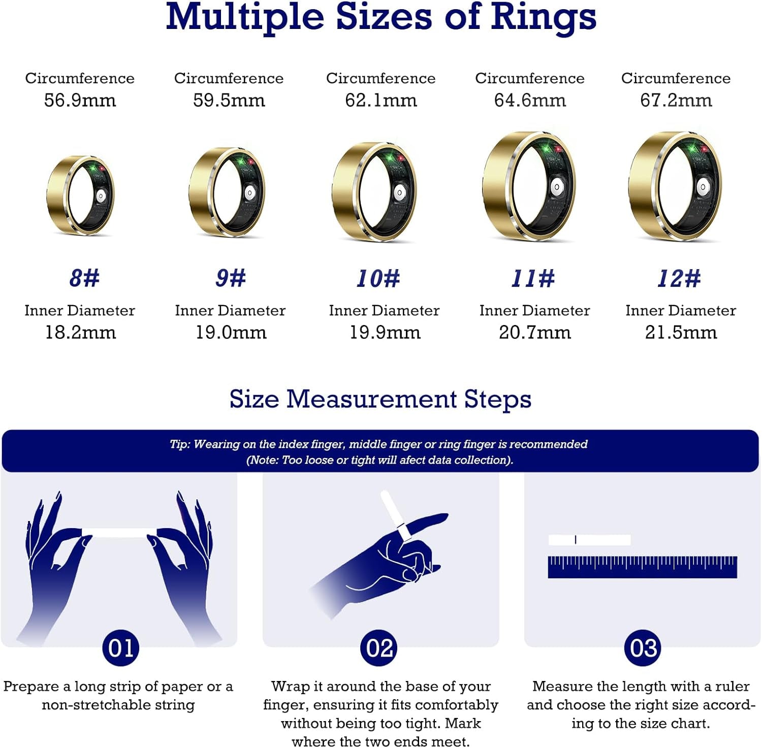 Light Gold Smart Ring Health Tracker - Waterproof Fitness Ring with Sleep & Heart Rate Monitoring, Air Gestures, 7-Day Battery for iOS & Android (#12)
