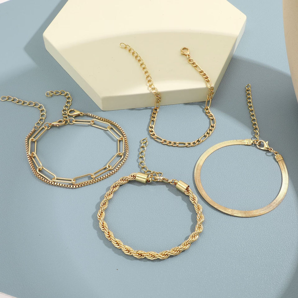 Gold Link Layered Bracelet Set, 14K Gold Plated, Adjustable
