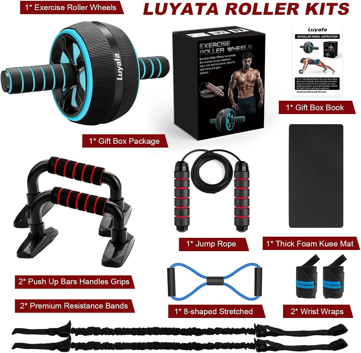 10-In-1 Ab Roller Wheel Kit with Resistance Bands, Knee Mat, Jump Rope and Push-Up Bars