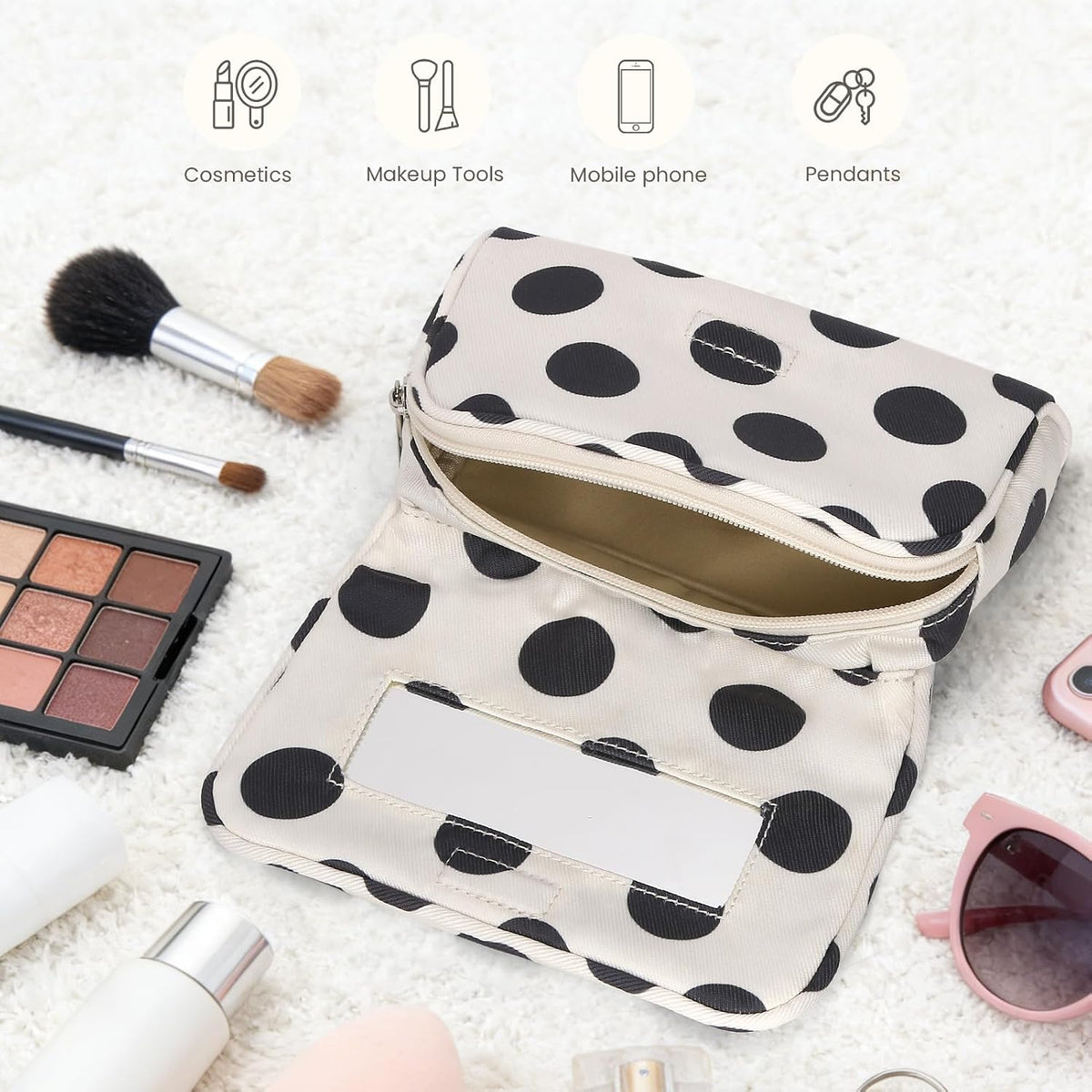 Cute Nylon Makeup Bag with Built-In Mirror, Travel Cosmetic Bag, White Polka Dot