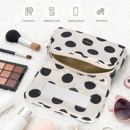Cute Nylon Makeup Bag with Built-In Mirror, Travel Cosmetic Bag, White Polka Dot