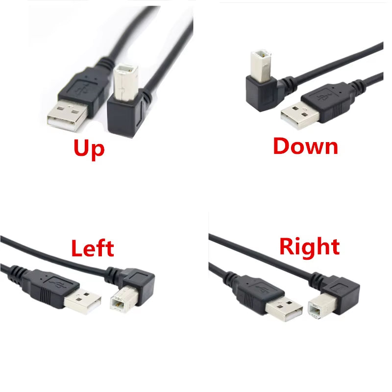 High-Speed USB 2.0 Male to Male Angled Cable for Printers & Scanners - 90 Degree Bend, 0.3M to 1.5M Length Options