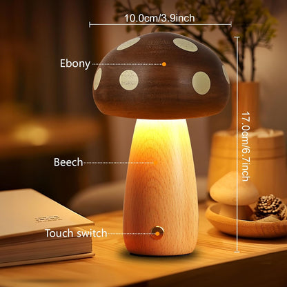 Wood Mushroom Table Lamps, 2-Pack, Rechargeable Cordless Touch Dimming