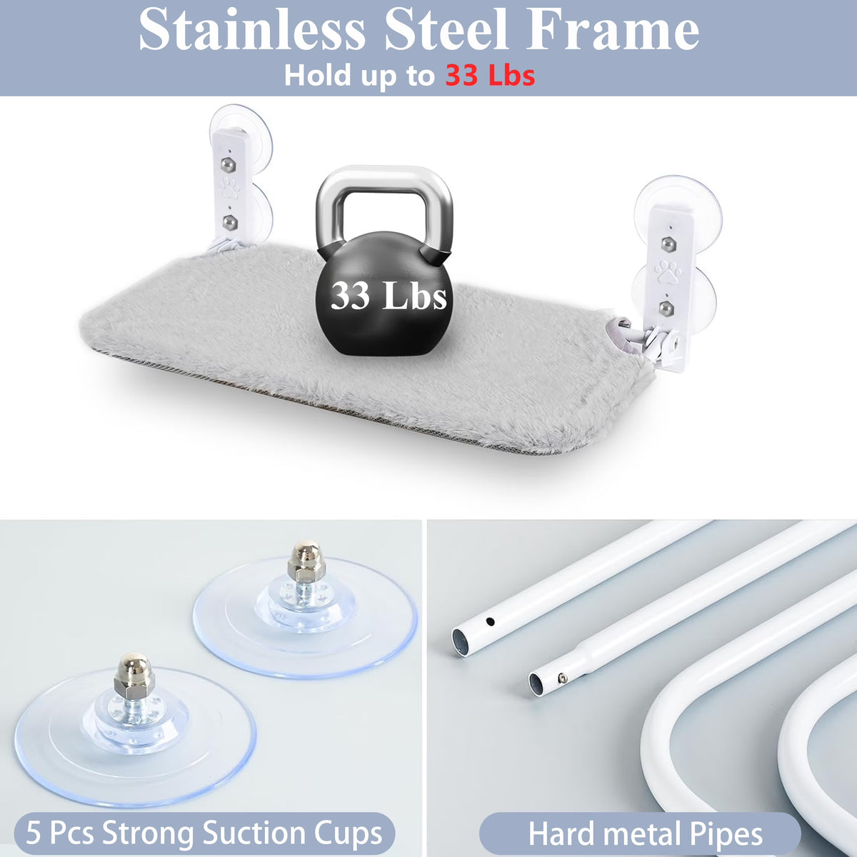 Foldable Cat Window Perch with Suction Cups, Holds 33 Lb, Grey