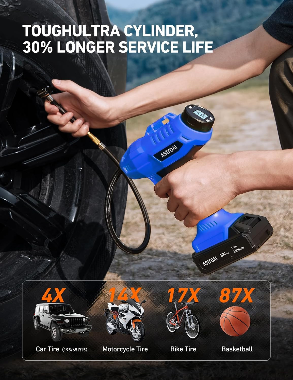 C2 Portable Cordless Tire Inflator - 20V Rechargeable Air Compressor with 160PSI, Digital Pressure Gauge & 12V Car Adapter for Cars & Motorcycles - Sleek Blue Design