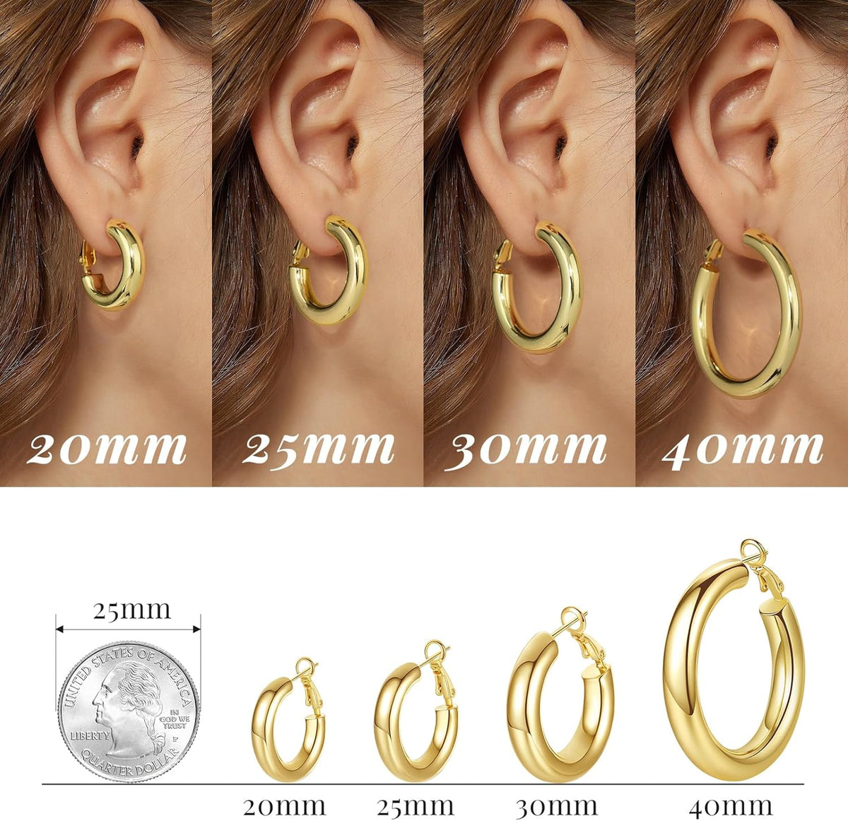 Chunky Gold Hoop Earrings, 14K Gold Plated, Lightweight Hollow Tube