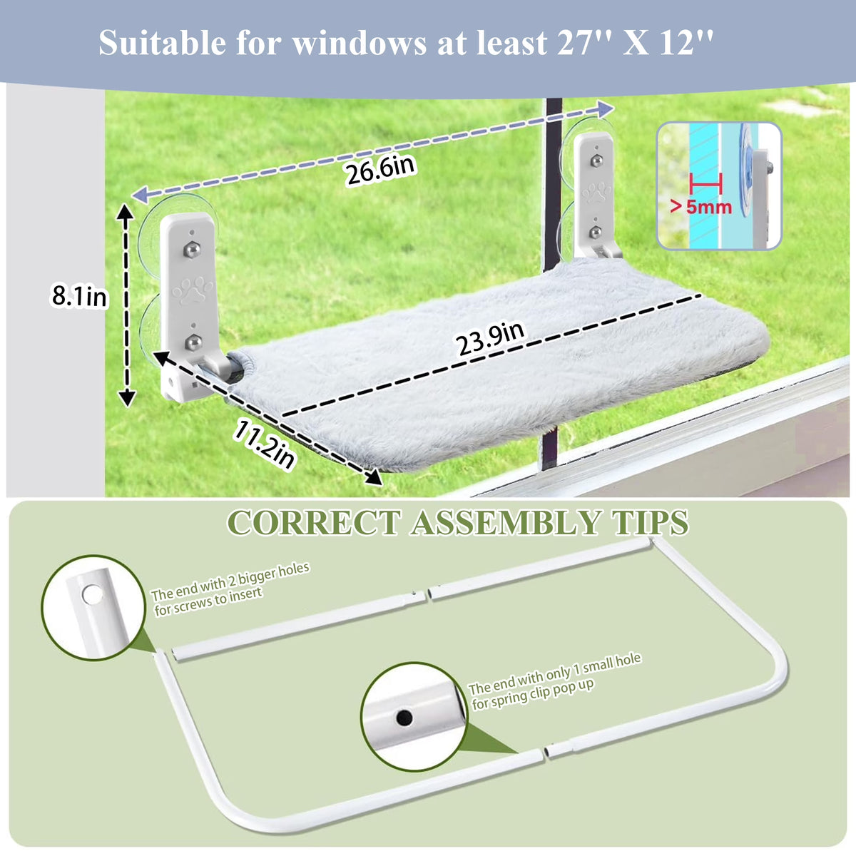 Foldable Cat Window Perch with Suction Cups, Holds 33 Lb, Grey