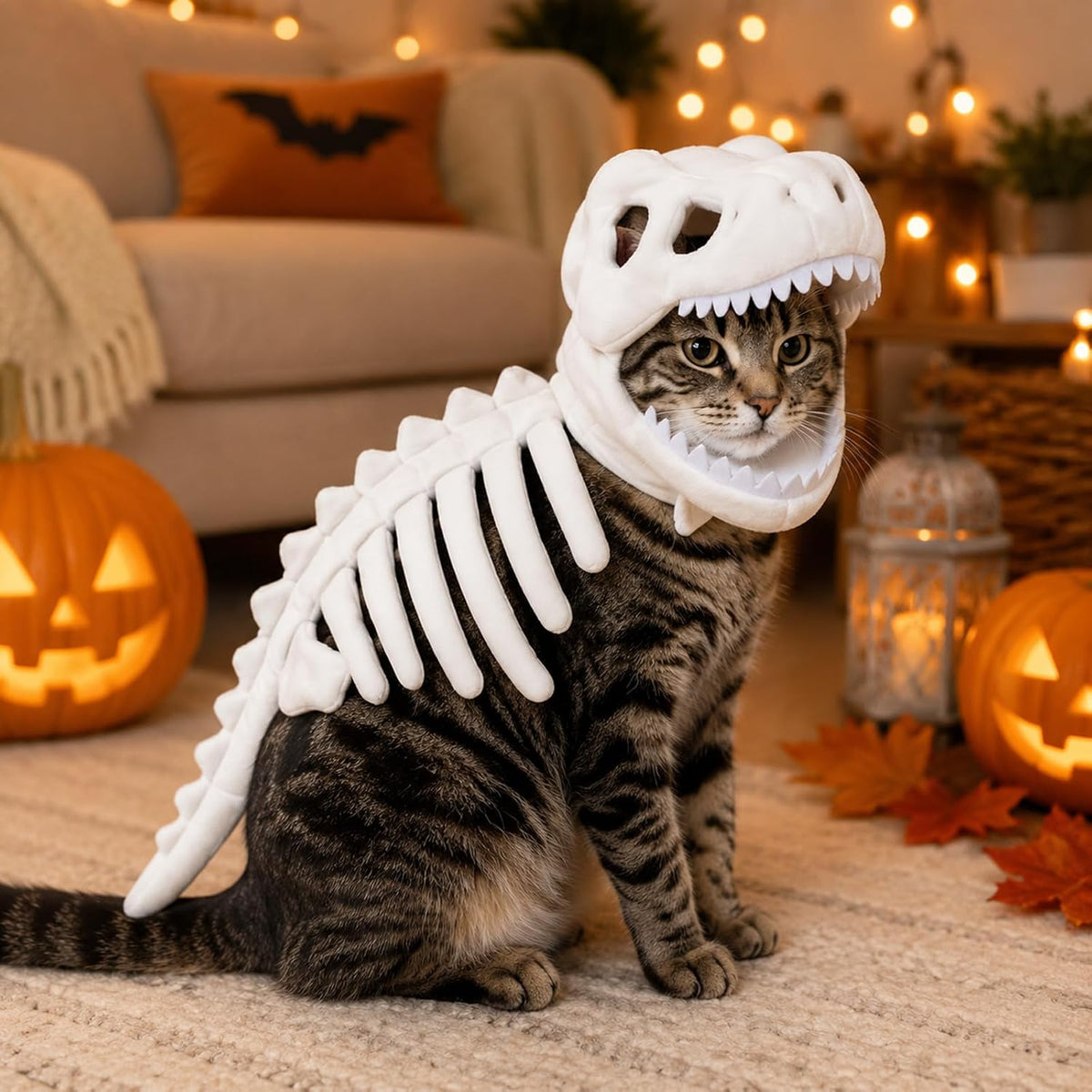 Glow-In-The-Dark Plush Pet Dinosaur Costume, White, Small