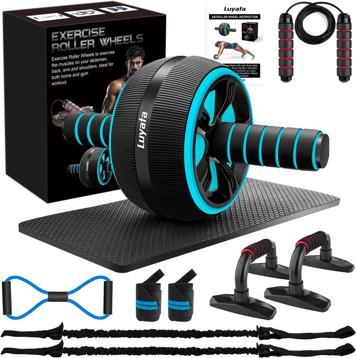 10-In-1 Ab Roller Wheel Kit with Resistance Bands, Knee Mat, Jump Rope and Push-Up Bars