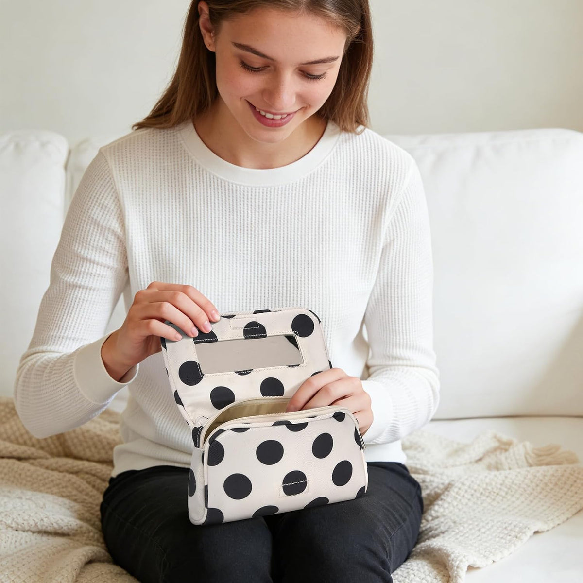 Cute Nylon Makeup Bag with Built-In Mirror, Travel Cosmetic Bag, White Polka Dot