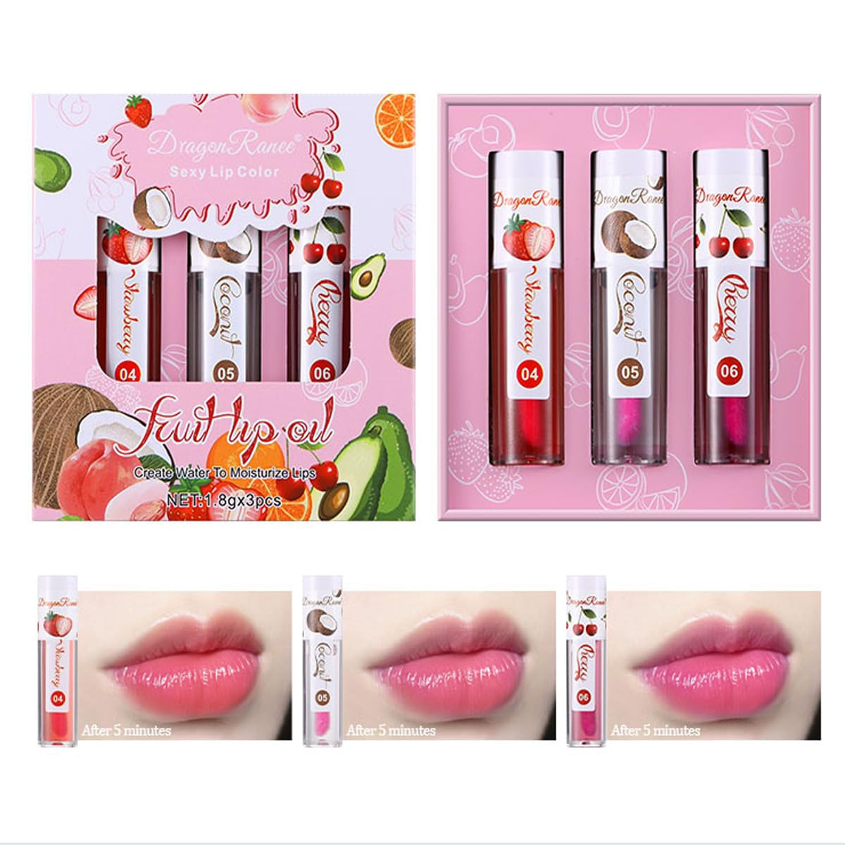 Color-Changing Fruit Lip Oil, 3-Pack, Hydrating Lip Glow Oil