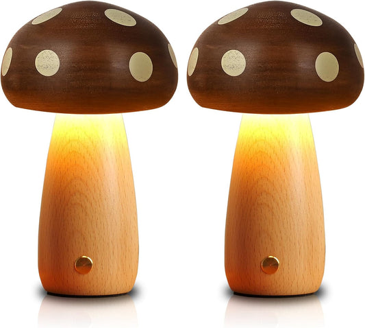 Wood Mushroom Table Lamps, 2-Pack, Rechargeable Cordless Touch Dimming