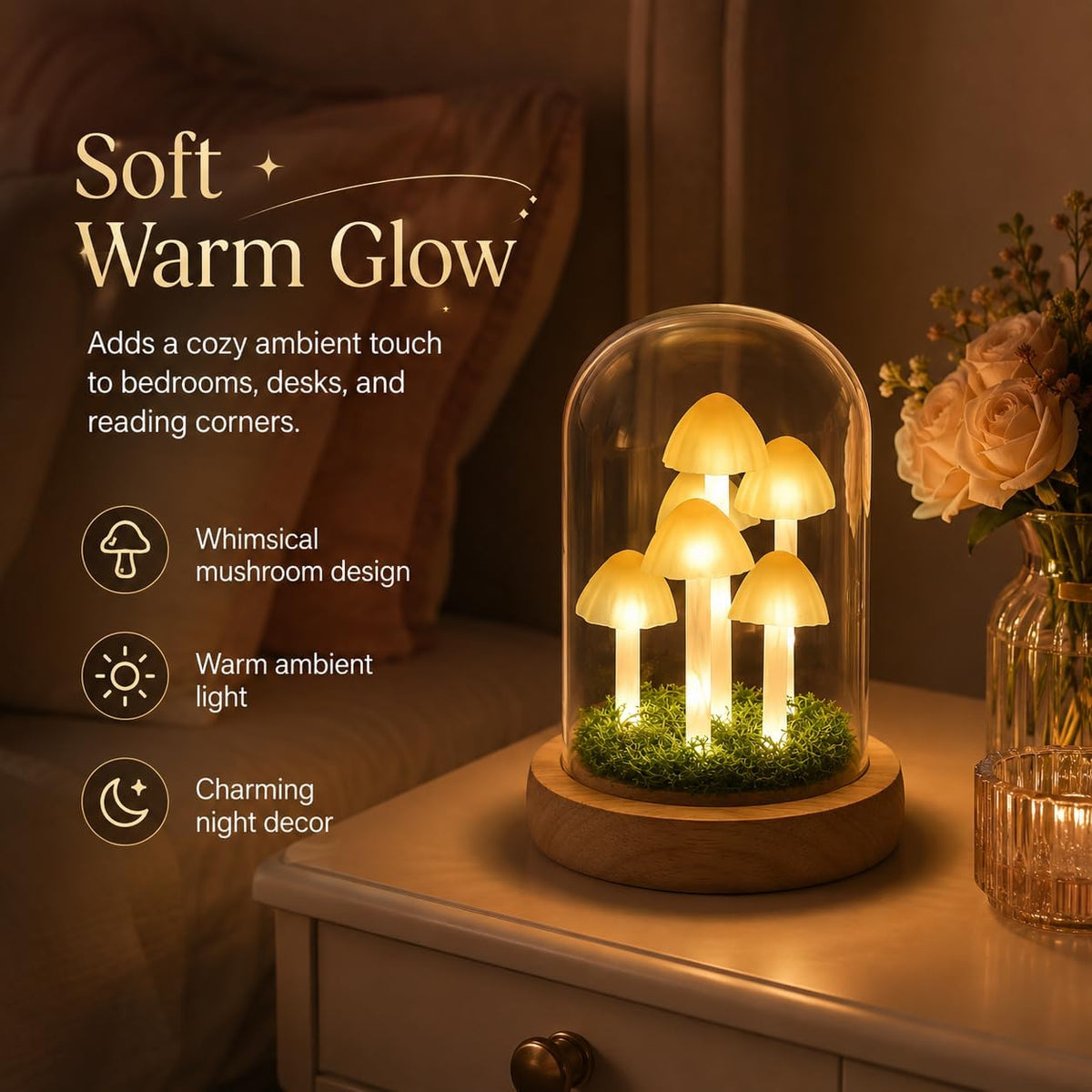 Mushroom Lamp in Glass Dome, Warm White LED Night Light