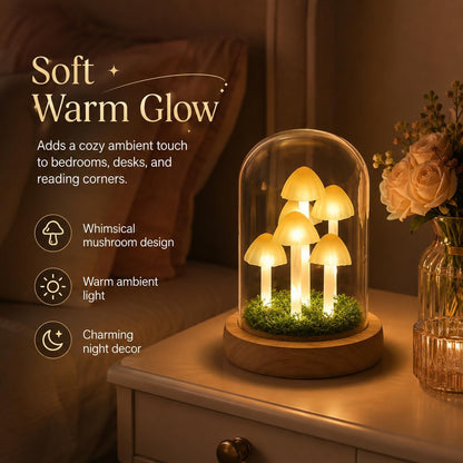 Mushroom Lamp in Glass Dome, Warm White LED Night Light