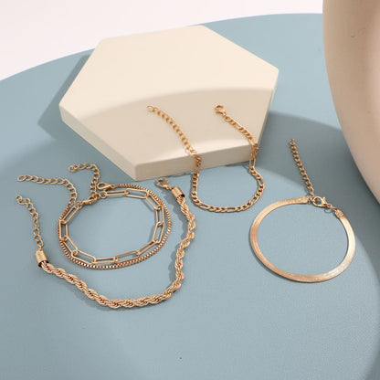 Gold Link Layered Bracelet Set, 14K Gold Plated, Adjustable