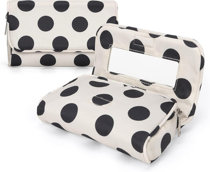 Cute Nylon Makeup Bag with Built-In Mirror, Travel Cosmetic Bag, White Polka Dot