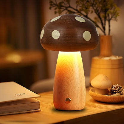 Wood Mushroom Table Lamps, 2-Pack, Rechargeable Cordless Touch Dimming