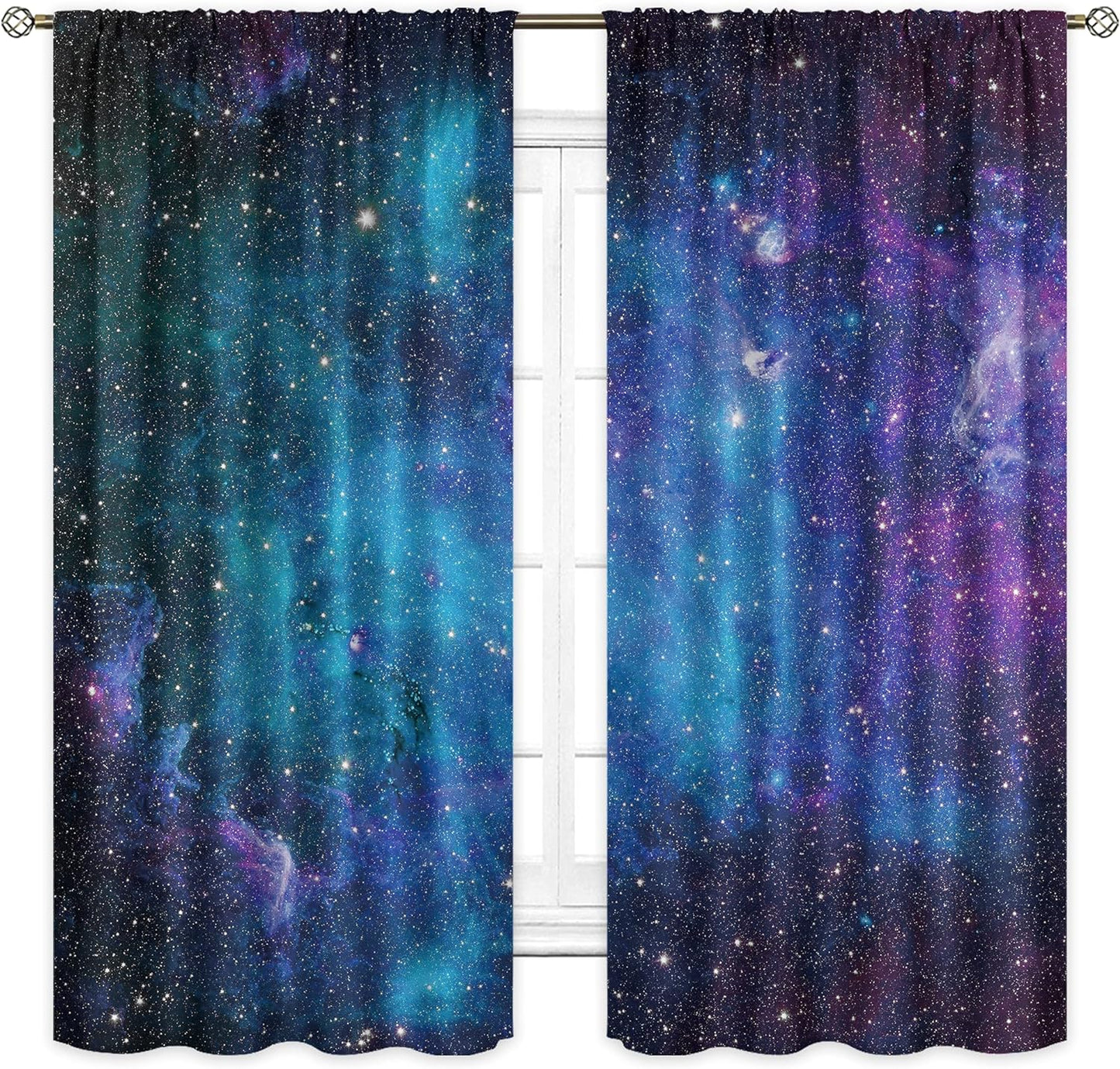 Kids Galaxy Nebula Curtains - 42"x63" Rod Pocket Drapes for Boys & Girls - Blue Universe with Planets & Stars - Perfect for Fantasy Bedrooms & Living Rooms - 2 Panels