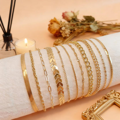 Gold Stack Bracelet Set, 12 Pieces, Gold Plated