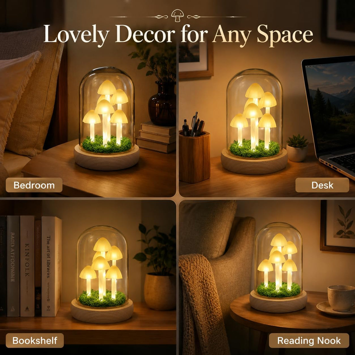 Mushroom Lamp in Glass Dome, Warm White LED Night Light