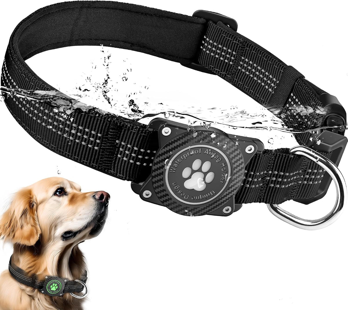Glow-In-The-Dark Reflective Dog Collar with Waterproof Tracker Holder, Compatible with Apple Airtag, Blue, Medium