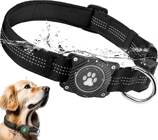 Glow-In-The-Dark Reflective Dog Collar with Waterproof Tracker Holder, Compatible with Apple Airtag, Blue, Medium