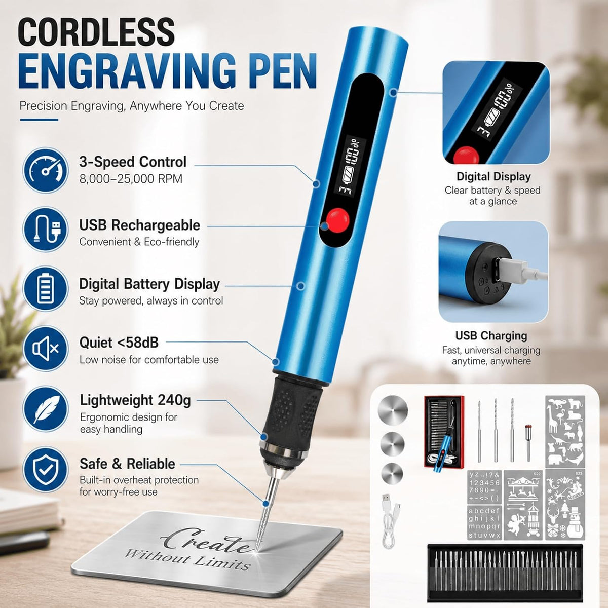 Cordless Engraving Pen with 35 Bits, 3-Speed Rechargeable Engraver for Metal, Wood and Glass