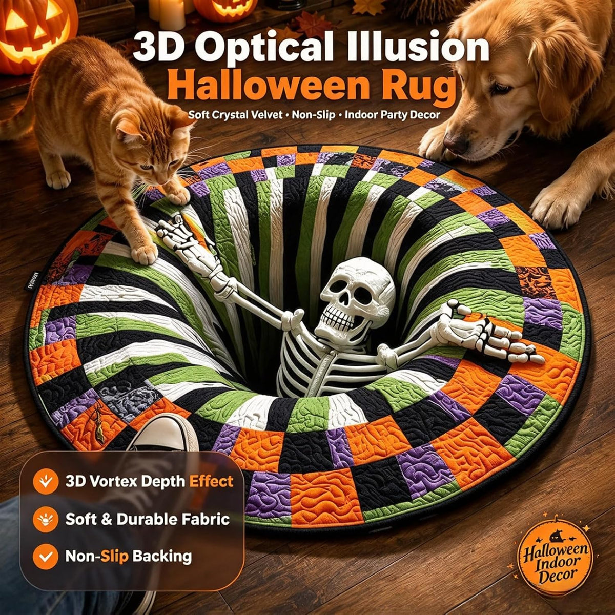 3D Optical Illusion Halloween Rug, 24 in round Non-Slip Mat