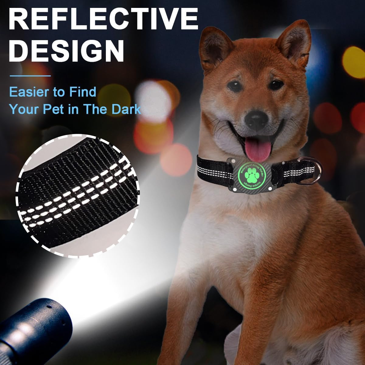 Glow-In-The-Dark Reflective Dog Collar with Waterproof Tracker Holder, Compatible with Apple Airtag, Blue, Medium