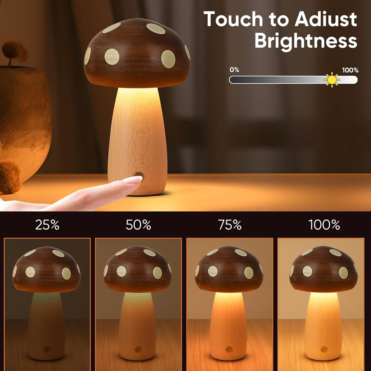 Wood Mushroom Table Lamps, 2-Pack, Rechargeable Cordless Touch Dimming