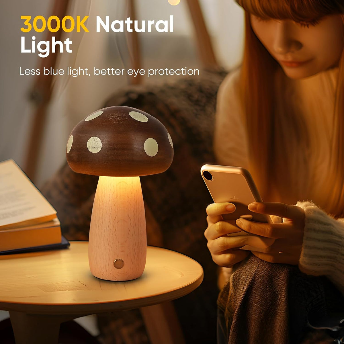 Wood Mushroom Table Lamps, 2-Pack, Rechargeable Cordless Touch Dimming