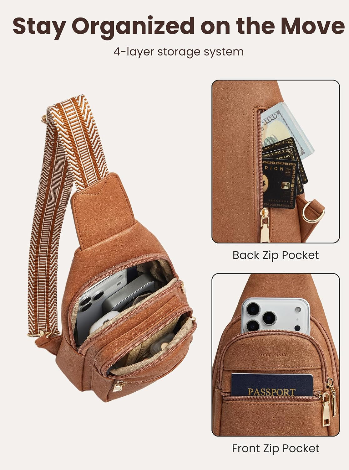 Vegan Leather Crossbody Sling Bag with Anti-Theft Pocket, Brown