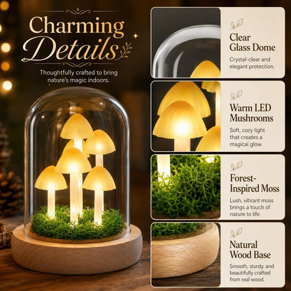 Mushroom Lamp in Glass Dome, Warm White LED Night Light