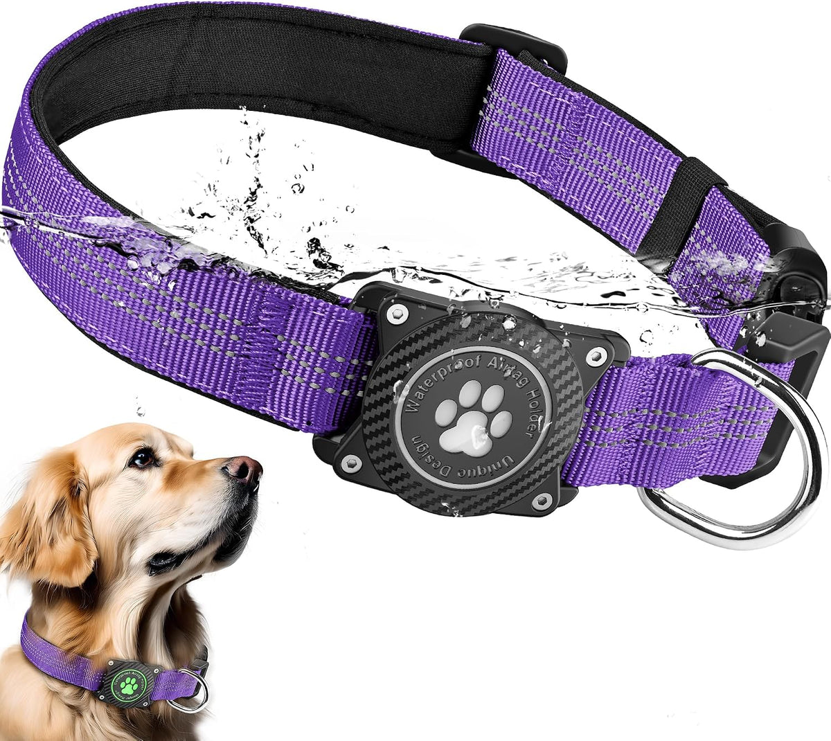 Glow-In-The-Dark Reflective Dog Collar with Waterproof Tracker Holder, Compatible with Apple Airtag, Blue, Medium