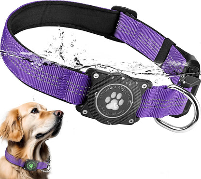 Glow-In-The-Dark Reflective Dog Collar with Waterproof Tracker Holder, Compatible with Apple Airtag, Blue, Medium