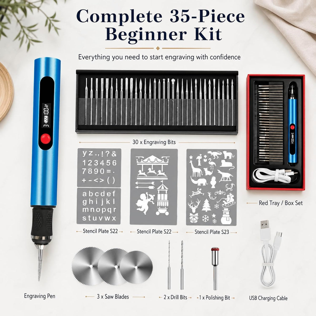Cordless Engraving Pen with 35 Bits, 3-Speed Rechargeable Engraver for Metal, Wood and Glass