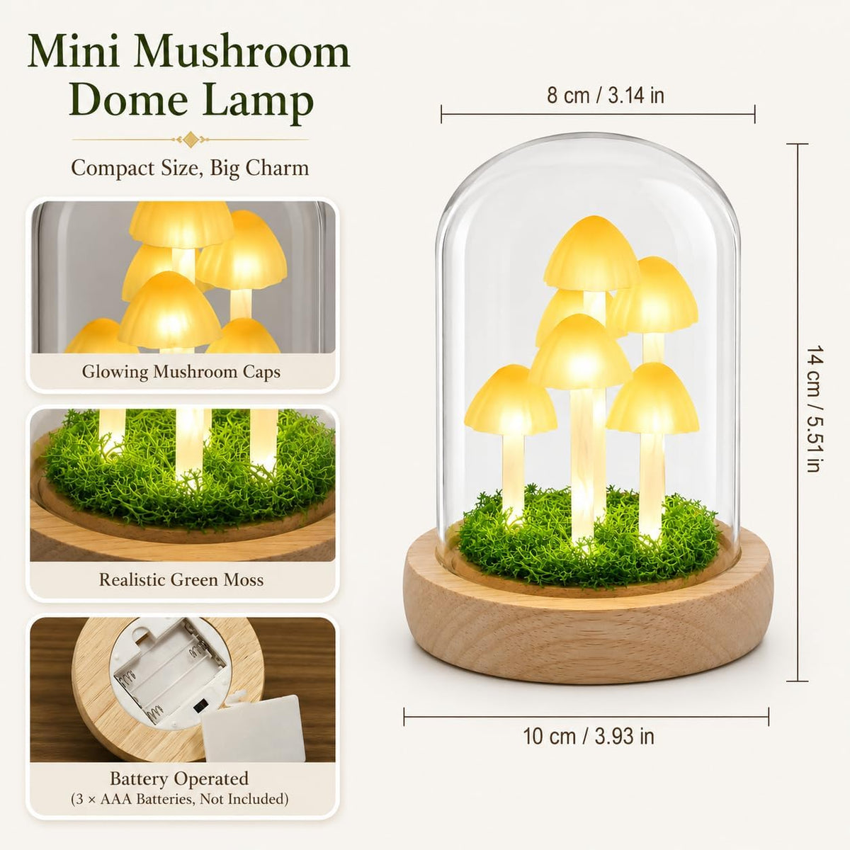 Mushroom Lamp in Glass Dome, Warm White LED Night Light