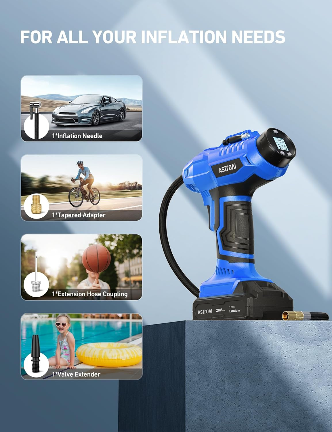 C2 Portable Cordless Tire Inflator - 20V Rechargeable Air Compressor with 160PSI, Digital Pressure Gauge & 12V Car Adapter for Cars & Motorcycles - Sleek Blue Design