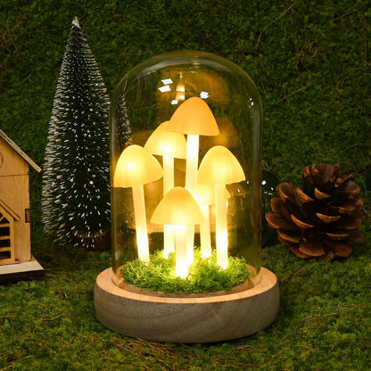 Mushroom Lamp in Glass Dome, Warm White LED Night Light