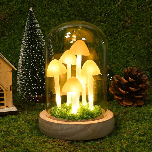 Mushroom Lamp in Glass Dome, Warm White LED Night Light