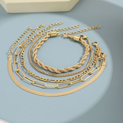 Gold Link Layered Bracelet Set, 14K Gold Plated, Adjustable