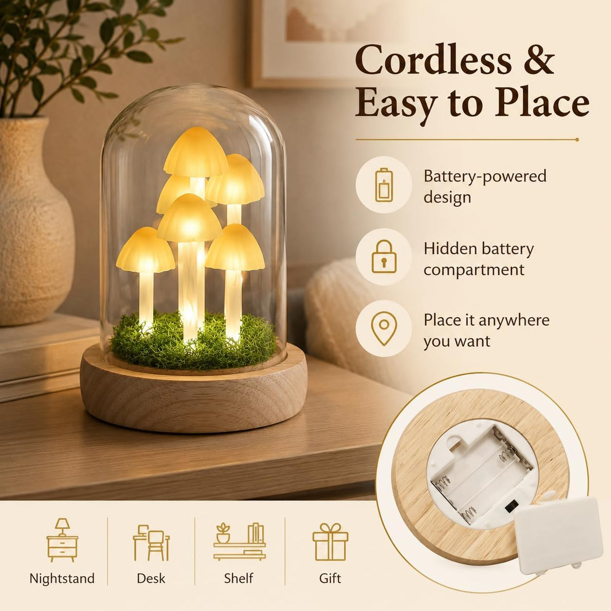 Mushroom Lamp in Glass Dome, Warm White LED Night Light