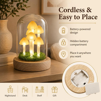 Mushroom Lamp in Glass Dome, Warm White LED Night Light