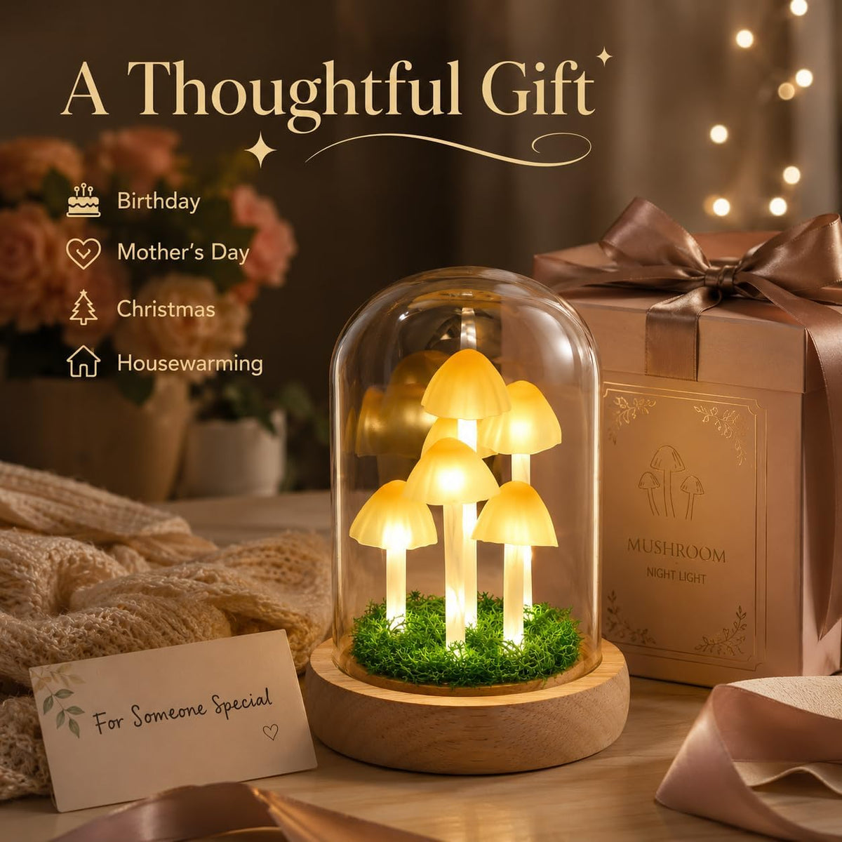 Mushroom Lamp in Glass Dome, Warm White LED Night Light