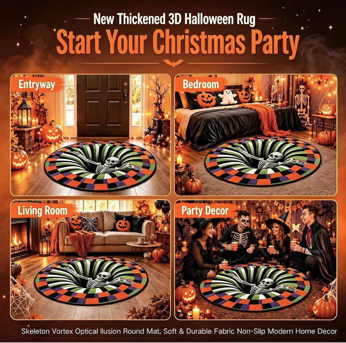 3D Optical Illusion Halloween Rug, 24 in round Non-Slip Mat