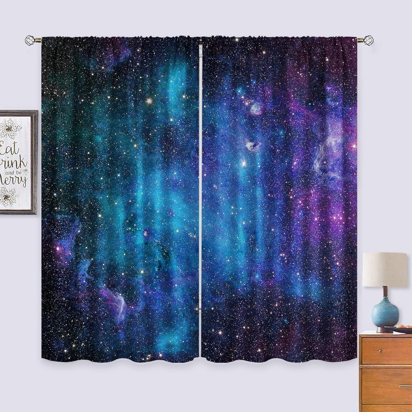 Kids Galaxy Nebula Curtains - 42"x63" Rod Pocket Drapes for Boys & Girls - Blue Universe with Planets & Stars - Perfect for Fantasy Bedrooms & Living Rooms - 2 Panels