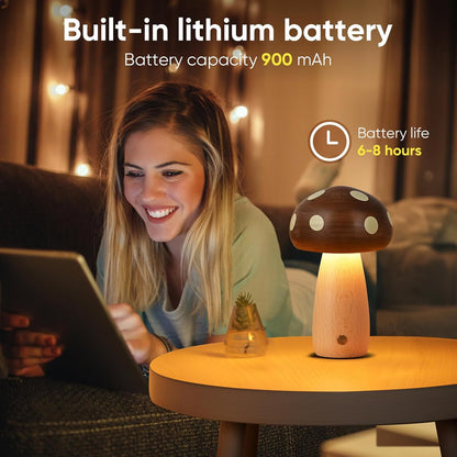 Wood Mushroom Table Lamps, 2-Pack, Rechargeable Cordless Touch Dimming