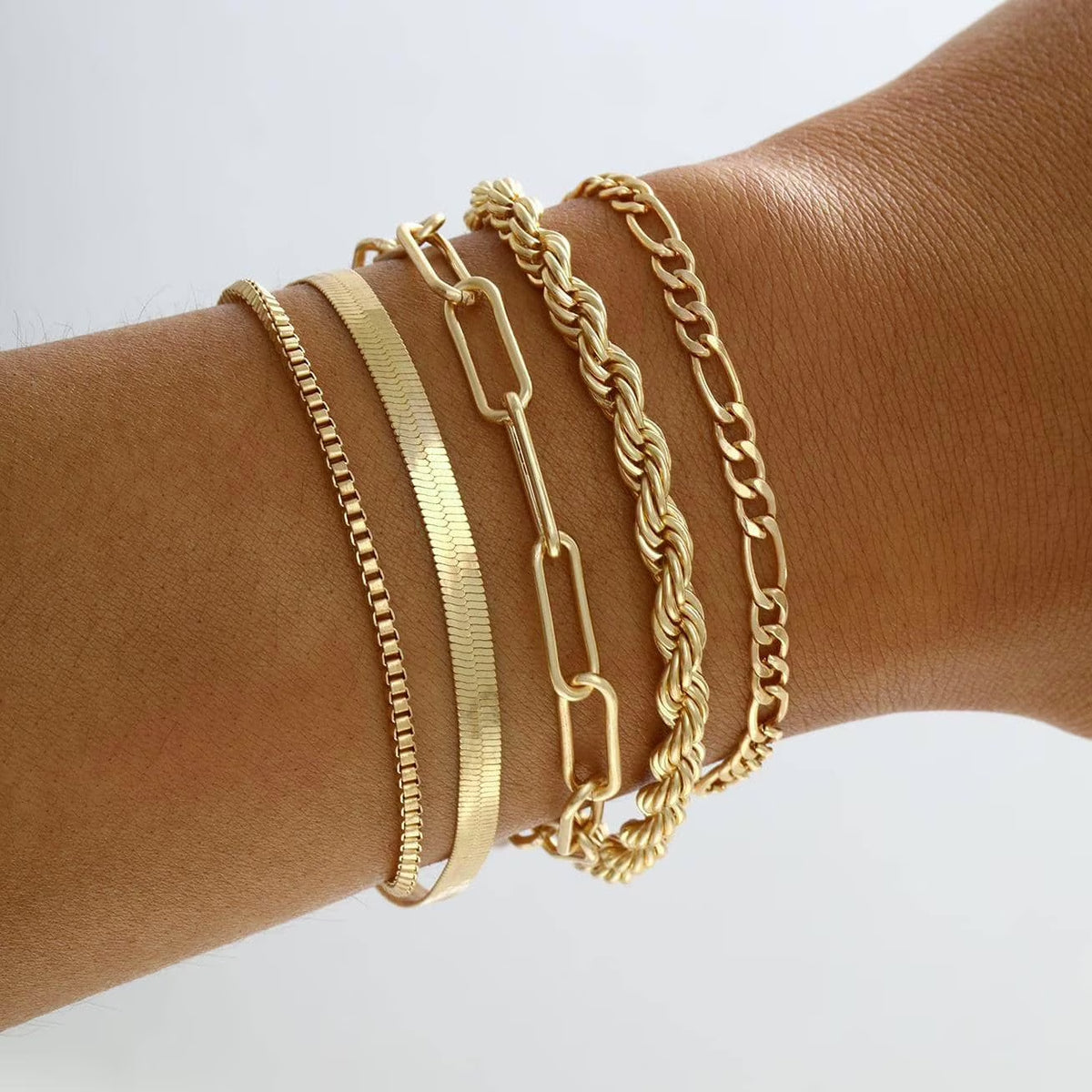 Gold Link Layered Bracelet Set, 14K Gold Plated, Adjustable