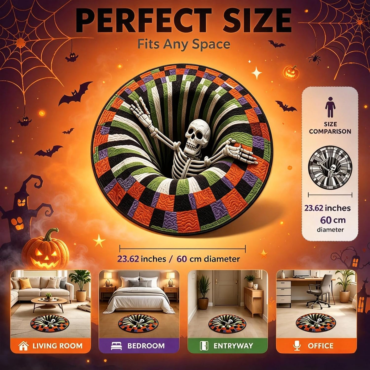 3D Optical Illusion Halloween Rug, 24 in round Non-Slip Mat