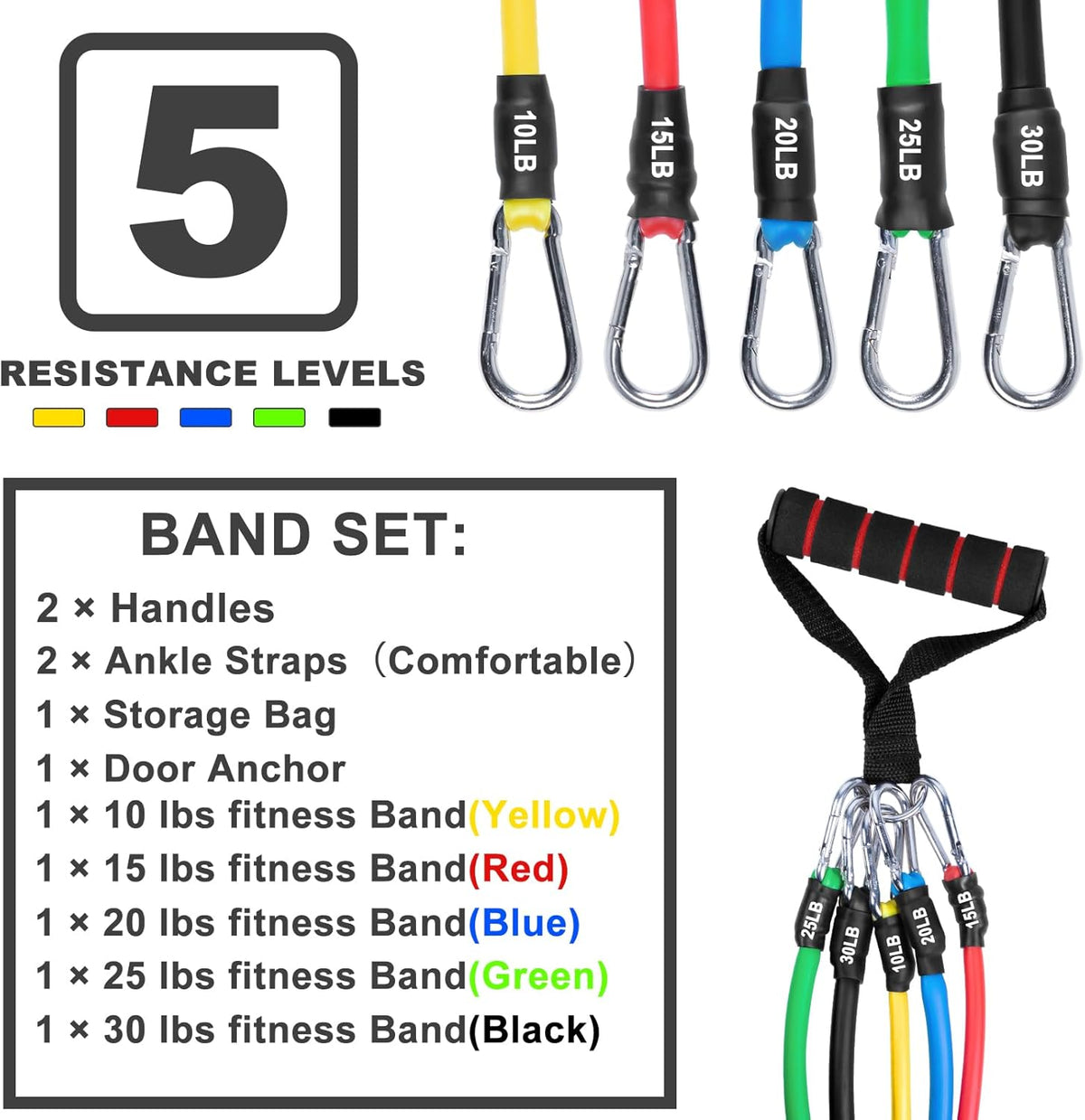 Resistance Bands Set with Handles, 5 Resistance Levels